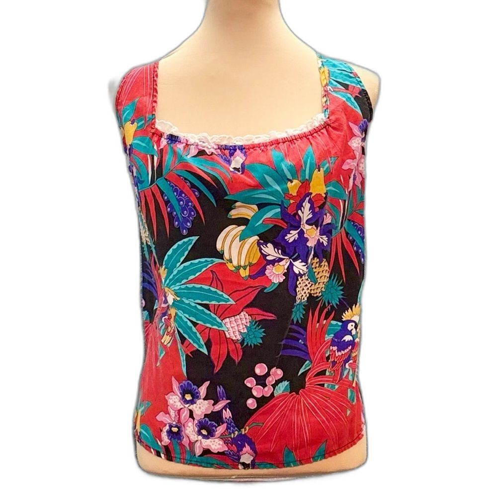 Vintage Tropical Tank Camisole with Lace Accents Sz M S2